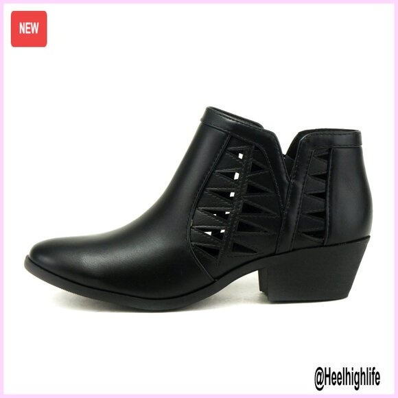 Wide Fit Perforated Cut Out Stacked Heel Ankle Booties Synthetic